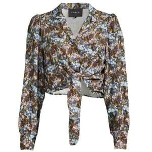 Frnch Sheila Print Floral Linen Blend Long Sleeve Tie Front Cropped Shirt (L)